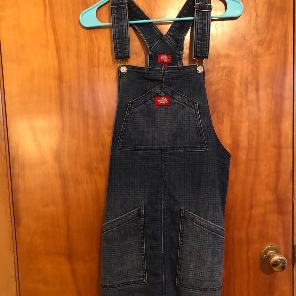 Dickies Indigo Blue Denim Overall Dress with Red Logo Patch